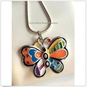 Silver Butterfly Necklace Pop Art 16-18" Colorful